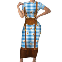 Traditional German Costume - Lederhosen and Soft Pretzel Short Sleeve Bodycon Dress Red Plaid Pattern with Edelweiss Flowers