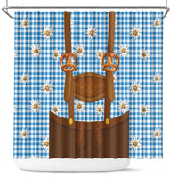 Traditional German Costume - Lederhosen and Soft Pretzel Shower Curtain Red Plaid Pattern with Edelweiss Flowers