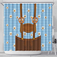 Traditional German Costume - Lederhosen and Soft Pretzel Shower Curtain Red Plaid Pattern with Edelweiss Flowers