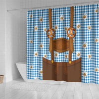 Traditional German Costume - Lederhosen and Soft Pretzel Shower Curtain Red Plaid Pattern with Edelweiss Flowers