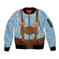 Traditional German Costume - Lederhosen and Soft Pretzel Sleeve Zip Bomber Jacket Red Plaid Pattern with Edelweiss Flowers