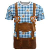 Traditional German Costume - Lederhosen and Soft Pretzel T Shirt Red Plaid Pattern with Edelweiss Flowers