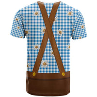 Traditional German Costume - Lederhosen and Soft Pretzel T Shirt Red Plaid Pattern with Edelweiss Flowers
