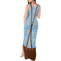 Traditional German Costume - Lederhosen and Soft Pretzel Tank Maxi Dress Red Plaid Pattern with Edelweiss Flowers