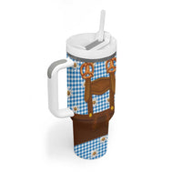 Traditional German Costume - Lederhosen and Soft Pretzel Tumbler With Handle Red Plaid Pattern with Edelweiss Flowers