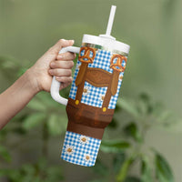 Traditional German Costume - Lederhosen and Soft Pretzel Tumbler With Handle Red Plaid Pattern with Edelweiss Flowers