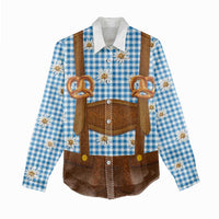 Traditional German Costume - Lederhosen and Soft Pretzel Women Casual Shirt Red Plaid Pattern with Edelweiss Flowers
