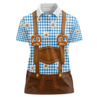 Traditional German Costume - Lederhosen and Soft Pretzel Women Polo Shirt Red Plaid Pattern with Edelweiss Flowers