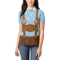 Traditional German Costume - Lederhosen and Soft Pretzel Women Polo Shirt Red Plaid Pattern with Edelweiss Flowers