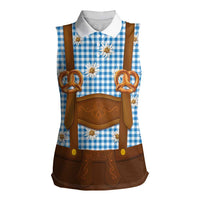 Traditional German Costume - Lederhosen and Soft Pretzel Women Sleeveless Polo Shirt Red Plaid Pattern with Edelweiss Flowers