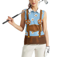 Traditional German Costume - Lederhosen and Soft Pretzel Women Sleeveless Polo Shirt Red Plaid Pattern with Edelweiss Flowers
