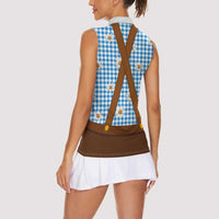 Traditional German Costume - Lederhosen and Soft Pretzel Women Sleeveless Polo Shirt Red Plaid Pattern with Edelweiss Flowers