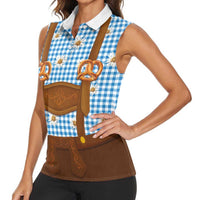 Traditional German Costume - Lederhosen and Soft Pretzel Women Sleeveless Polo Shirt Red Plaid Pattern with Edelweiss Flowers