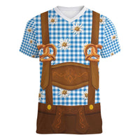 Traditional German Costume - Lederhosen and Soft Pretzel Women V-Neck T-Shirt Red Plaid Pattern with Edelweiss Flowers
