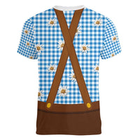 Traditional German Costume - Lederhosen and Soft Pretzel Women V-Neck T-Shirt Red Plaid Pattern with Edelweiss Flowers