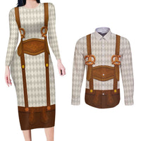 Traditional German Costume - Lederhosen and Soft Pretzel Couples Matching Long Sleeve Bodycon Dress and Long Sleeve Button Shirt Old Vintage Bavarian Pattern