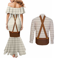 Traditional German Costume - Lederhosen and Soft Pretzel Couples Matching Mermaid Dress and Long Sleeve Button Shirt Old Vintage Bavarian Pattern