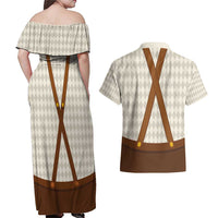 Traditional German Costume - Lederhosen and Soft Pretzel Couples Matching Off Shoulder Maxi Dress and Hawaiian Shirt Old Vintage Bavarian Pattern