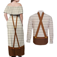 Traditional German Costume - Lederhosen and Soft Pretzel Couples Matching Off Shoulder Maxi Dress and Long Sleeve Button Shirt Old Vintage Bavarian Pattern