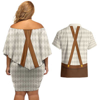Traditional German Costume - Lederhosen and Soft Pretzel Couples Matching Off Shoulder Short Dress and Hawaiian Shirt Old Vintage Bavarian Pattern