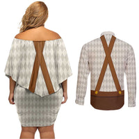 Traditional German Costume - Lederhosen and Soft Pretzel Couples Matching Off Shoulder Short Dress and Long Sleeve Button Shirt Old Vintage Bavarian Pattern