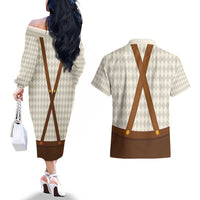 Traditional German Costume - Lederhosen and Soft Pretzel Couples Matching Off The Shoulder Long Sleeve Dress and Hawaiian Shirt Old Vintage Bavarian Pattern