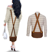 Traditional German Costume - Lederhosen and Soft Pretzel Couples Matching Off The Shoulder Long Sleeve Dress and Long Sleeve Button Shirt Old Vintage Bavarian Pattern