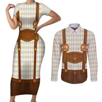 Traditional German Costume - Lederhosen and Soft Pretzel Couples Matching Short Sleeve Bodycon Dress and Long Sleeve Button Shirt Old Vintage Bavarian Pattern