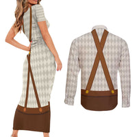 Traditional German Costume - Lederhosen and Soft Pretzel Couples Matching Short Sleeve Bodycon Dress and Long Sleeve Button Shirt Old Vintage Bavarian Pattern