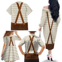 Traditional German Costume - Lederhosen and Soft Pretzel Family Matching Off The Shoulder Long Sleeve Dress and Hawaiian Shirt Old Vintage Bavarian Pattern