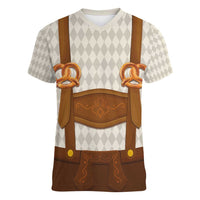 Traditional German Costume - Lederhosen and Soft Pretzel Women V-Neck T-Shirt Old Vintage Bavarian Pattern