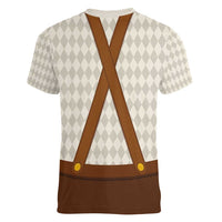 Traditional German Costume - Lederhosen and Soft Pretzel Women V-Neck T-Shirt Old Vintage Bavarian Pattern