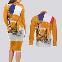 Bastille Day Couples Matching Long Sleeve Bodycon Dress and Long Sleeve Button Shirt France Typography Art Grunge Style