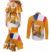 Bastille Day Couples Matching Mermaid Dress and Long Sleeve Button Shirt France Typography Art Grunge Style