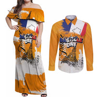 Bastille Day Couples Matching Off Shoulder Maxi Dress and Long Sleeve Button Shirt France Typography Art Grunge Style