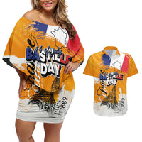 Bastille Day Couples Matching Off Shoulder Short Dress and Hawaiian Shirt France Typography Art Grunge Style