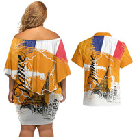 Bastille Day Couples Matching Off Shoulder Short Dress and Hawaiian Shirt France Typography Art Grunge Style