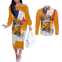 Bastille Day Couples Matching Off The Shoulder Long Sleeve Dress and Long Sleeve Button Shirt France Typography Art Grunge Style