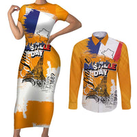 Bastille Day Couples Matching Short Sleeve Bodycon Dress and Long Sleeve Button Shirt France Typography Art Grunge Style