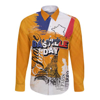 Bastille Day Long Sleeve Button Shirt France Typography Art Grunge Style