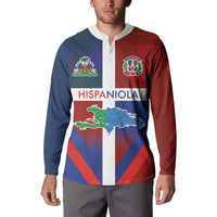 Haiti and Dominican Republic Button Sweatshirt Hispaniola with Emblems and Flag Style