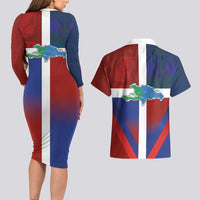 Haiti and Dominican Republic Couples Matching Long Sleeve Bodycon Dress and Hawaiian Shirt Hispaniola with Emblems and Flag Style