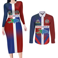 Haiti and Dominican Republic Couples Matching Long Sleeve Bodycon Dress and Long Sleeve Button Shirt Hispaniola with Emblems and Flag Style