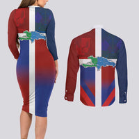 Haiti and Dominican Republic Couples Matching Long Sleeve Bodycon Dress and Long Sleeve Button Shirt Hispaniola with Emblems and Flag Style