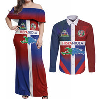 Haiti and Dominican Republic Couples Matching Off Shoulder Maxi Dress and Long Sleeve Button Shirt Hispaniola with Emblems and Flag Style