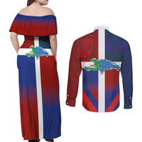 Haiti and Dominican Republic Couples Matching Off Shoulder Maxi Dress and Long Sleeve Button Shirt Hispaniola with Emblems and Flag Style