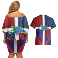 Haiti and Dominican Republic Couples Matching Off Shoulder Short Dress and Hawaiian Shirt Hispaniola with Emblems and Flag Style