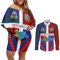 Haiti and Dominican Republic Couples Matching Off Shoulder Short Dress and Long Sleeve Button Shirt Hispaniola with Emblems and Flag Style