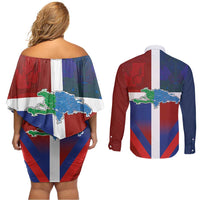 Haiti and Dominican Republic Couples Matching Off Shoulder Short Dress and Long Sleeve Button Shirt Hispaniola with Emblems and Flag Style