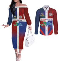 Haiti and Dominican Republic Couples Matching Off The Shoulder Long Sleeve Dress and Long Sleeve Button Shirt Hispaniola with Emblems and Flag Style